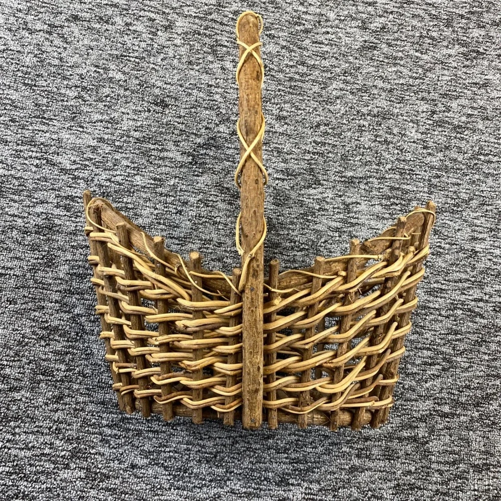 Old Rustic Twig Woven Basket Natural Vine Handle Folk Art Country Decor